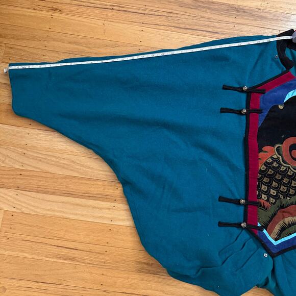 Vintage Blue Green Chinese Corduroy Embroidered Fish Sweater Jacket Sz M (apprx) - Picture 11 of 16